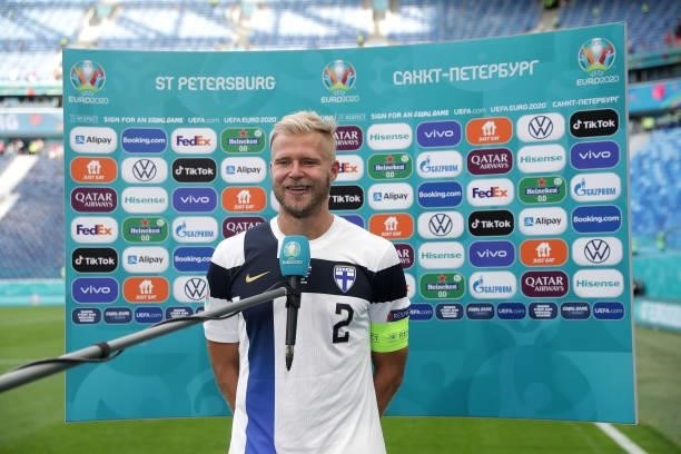 Paulus Arajuuri of Finland speaks during a TV Interview following the UEFA Euro 2020 Championship Group B match between Finland and Russia at Saint...