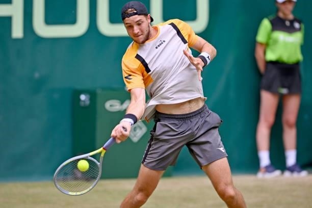 Jan-Lennard Struff of Germany plays a forehand in his match against Marcos Giron of the United States during day 5 of the Noventi Open at OWL-Arena...