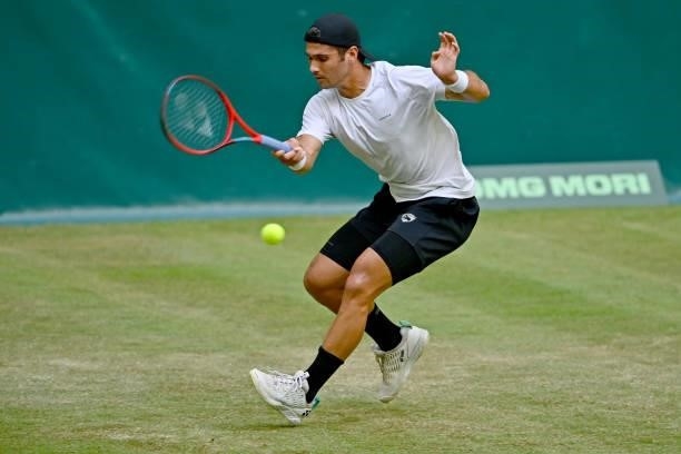 Marcos Giron of the United States plays a forehand in his match against Jan-Lennard Struff of Germany during day 5 of the Noventi Open at OWL-Arena...