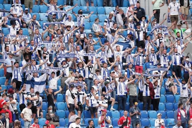 Finland fans show their support during the UEFA Euro 2020 Championship Group B match between Finland and Russia at Saint Petersburg Stadium on June...