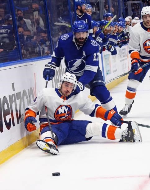 Mathew Barzal of the New York Islanders is checked by Alex Killorn of the Tampa Bay Lightning in Game Two of the Stanley Cup Semifinals during the...