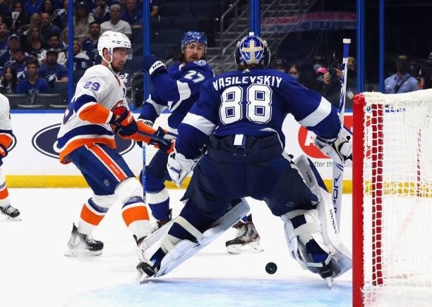 Andrei Vasilevskiy of the Tampa Bay Lightning makes the save on Brock Nelson of the New York Islanders in Game Two of the Stanley Cup Semifinals...