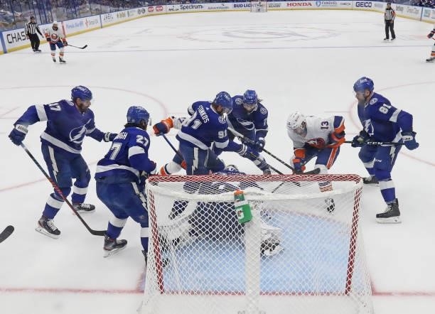 The Tampa Bay Lightning defend against Mathew Barzal of the New York Islanders in Game Two of the Stanley Cup Semifinals during the 2021 Stanley Cup...