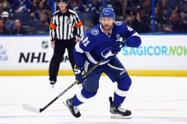 Steven Stamkos of the Tampa Bay Lightning skates against the New York Islanders in Game Two of the Stanley Cup Semifinals during the 2021 Stanley Cup...