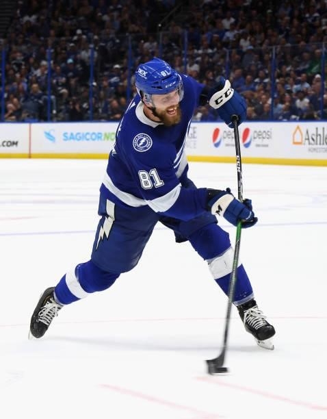 Erik Cernak of the Tampa Bay Lightning in Game Two of the Stanley Cup Semifinals during the 2021 Stanley Cup Playoffs at the Amalie Arena on June 15,...