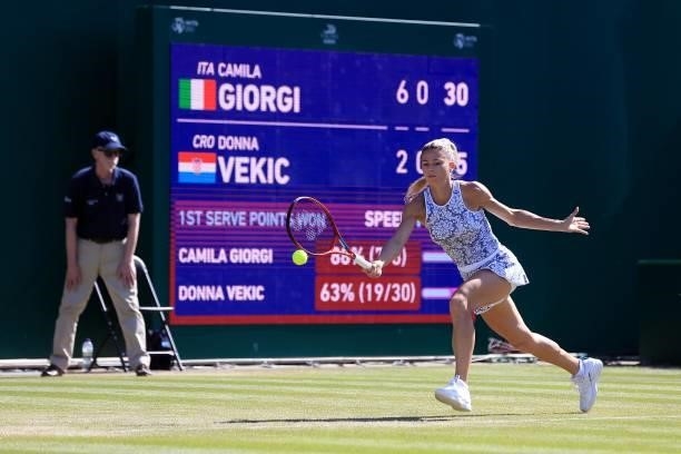 Camila Giorgi of Italy in action against Donna Vekic of Croatia during the Viking Classic Birmingham at Edgbaston Priory Club on June 16, 2021 in...