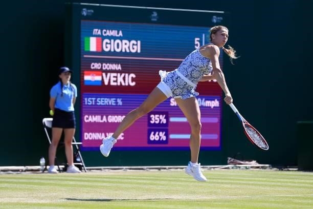 Camila Giorgi of Italy in action against Donna Vekic of Croatia during the Viking Classic Birmingham at Edgbaston Priory Club on June 16, 2021 in...