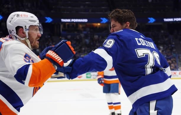 Casey Cizikas of the New York Islanders and Ross Colton of the Tampa Bay Lightning battle in Game Two of the Stanley Cup Semifinals during the 2021...