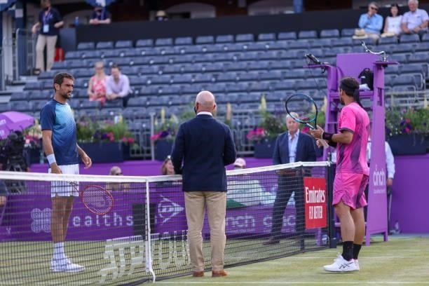 Marin Čilić of Croatia and Fabio Fognini of Italy during the coin toss ahead of there Round of 16 match during Day 3 of The cinch Championships at...