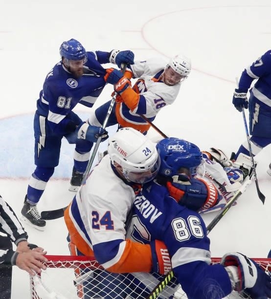 The Tampa Bay Lightning and the New York Islanders battle in Game Two of the Stanley Cup Semifinals during the 2021 Stanley Cup Playoffs at the...