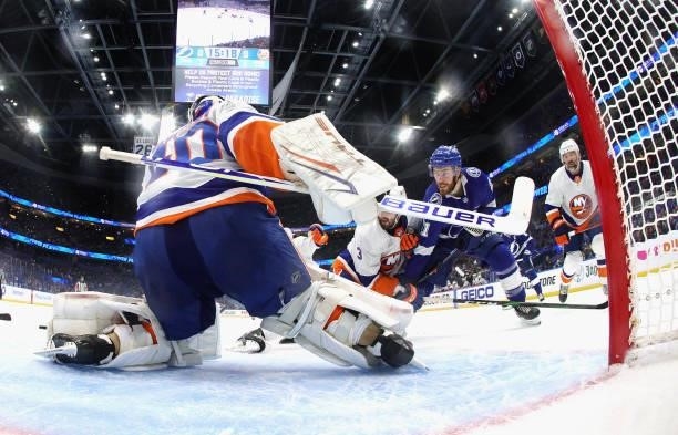 Semyon Varlamov of the New York Islanders defends the net against the Tampa Bay Lightning in Game Two of the Stanley Cup Semifinals during the 2021...