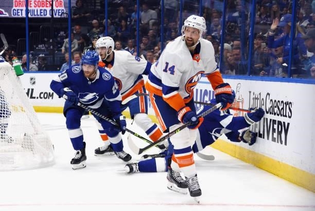 Travis Zajac of the New York Islanders skates against the Tampa Bay Lightning in Game Two of the Stanley Cup Semifinals during the 2021 Stanley Cup...
