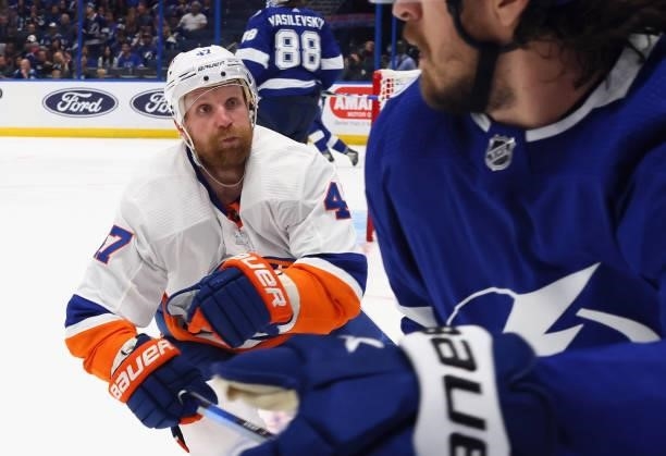 Leo Komarov of the New York Islanders skates against the Tampa Bay Lightning in Game Two of the Stanley Cup Semifinals during the 2021 Stanley Cup...