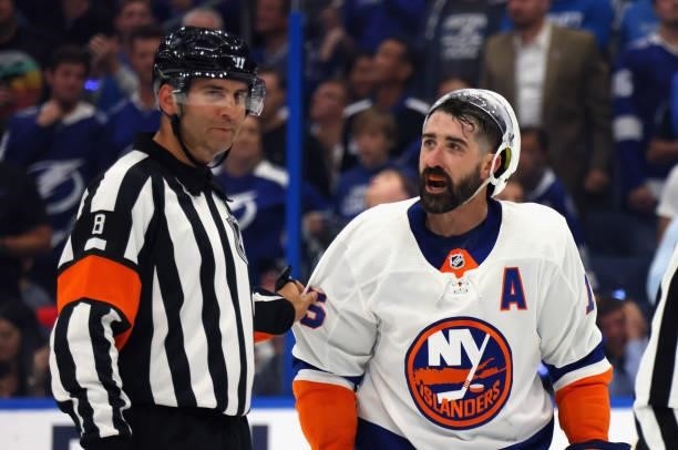 Cal Clutterbuck of the New York Islanders skates against the Tampa Bay Lightning in Game Two of the Stanley Cup Semifinals during the 2021 Stanley...
