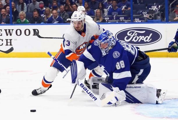 Mathew Barzal of the New York Islanders is stopped by Andrei Vasilevskiy of the Tampa Bay Lightning in Game Two of the Stanley Cup Semifinals during...