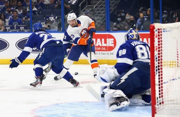 Mathew Barzal of the New York Islanders is stopped by Andrei Vasilevskiy of the Tampa Bay Lightning in Game Two of the Stanley Cup Semifinals during...