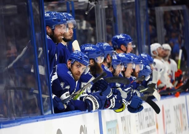 The Tampa Bay Lightning bench watches the action against the New York Islanders in Game Two of the Stanley Cup Semifinals during the 2021 Stanley Cup...