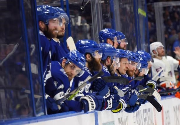The Tampa Bay Lightning bench watches the action against the New York Islanders in Game Two of the Stanley Cup Semifinals during the 2021 Stanley Cup...