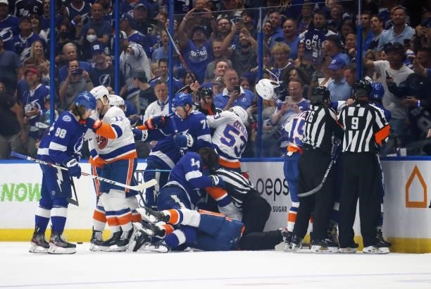 The Tampa Bay Lightning and the New York Islanders battle in Game Two of the Stanley Cup Semifinals during the 2021 Stanley Cup Playoffs at the...