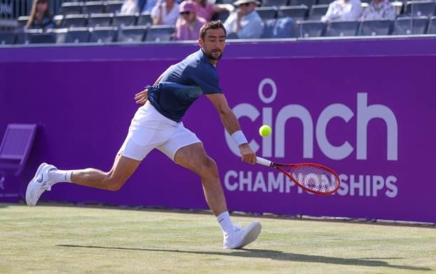 Marin Čilić of Croatia plays a backhand during his Round of 16 match against Fabio Fognini of Italy during Day 3 of The cinch Championships at The...