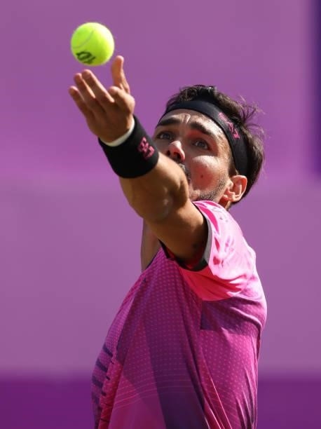 Fabio Fognini of Italy serves during his Round of 16 match against Marin Čilić of Croatia during Day 3 of The cinch Championships at The Queen's Club...