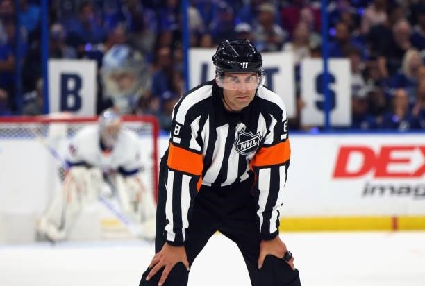 Referee Dave Jackson handles the game between the Tampa Bay Lightning and the New York Islanders in Game Two of the Stanley Cup Semifinals during the...