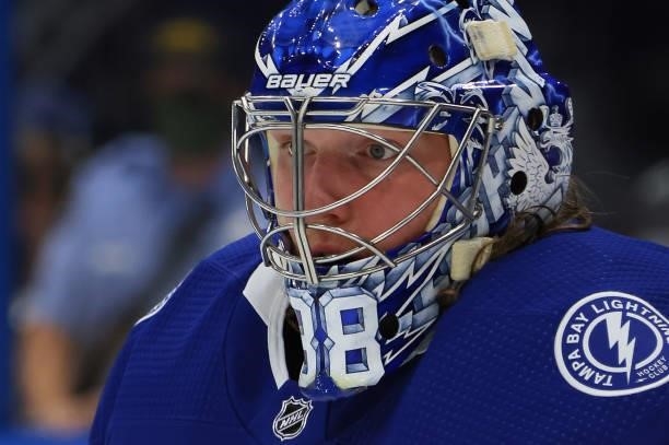 Andrei Vasilevskiy of the Tampa Bay Lightning skates in warm-ups prior to the game against the New York Islanders in Game Two of the Stanley Cup...