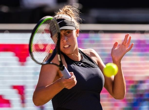 Madison Keys of the United States hits a forehand against Aryna Sabalenka of Belarus in the women's singles second round match during day 5 of the...