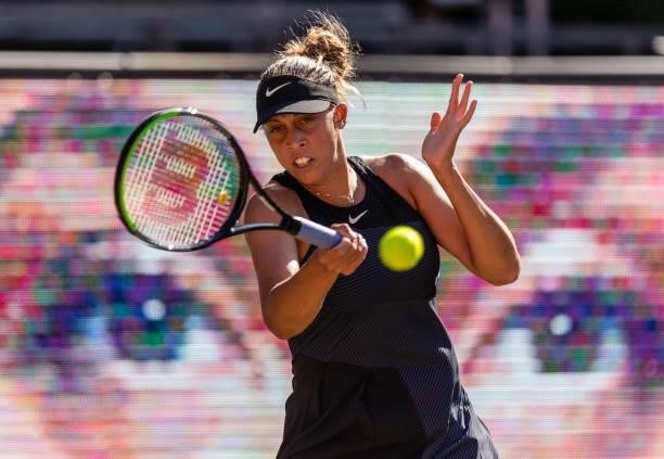 Madison Keys of the United States hits a forehand against Aryna Sabalenka of Belarus in the women's singles second round match during day 5 of the...