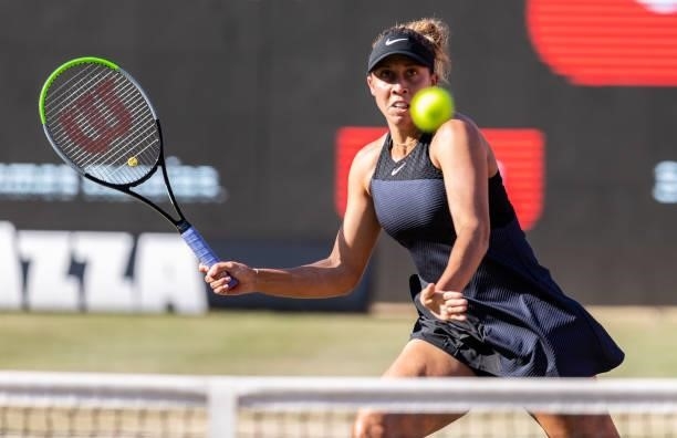 Madison Keys of the United States plays a forehand against Aryna Sabalenka of Belarus in the women's singles second round match during day 5 of the...