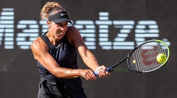 Madison Keys of the United States hits a backhand against Aryna Sabalenka of Belarus in the women's singles second round match during day 5 of the...