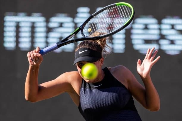Madison Keys of the United States hits a backhand against Aryna Sabalenka of Belarus in the women's singles second round match during day 5 of the...