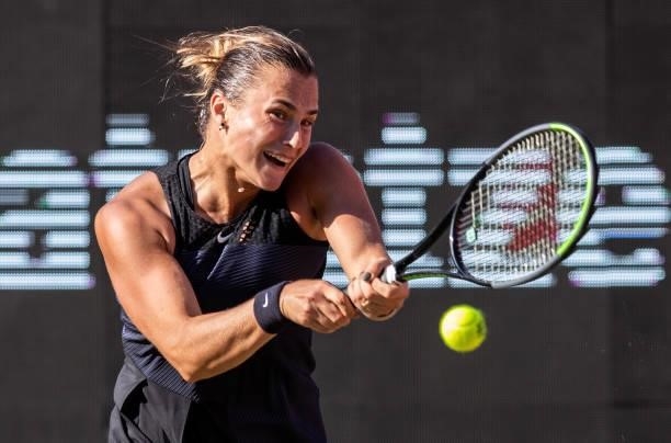 Aryna Sabalenka of Belarus hits a backhand against Madison Keys of the United States in the women's singles second round match during day 5 of the...