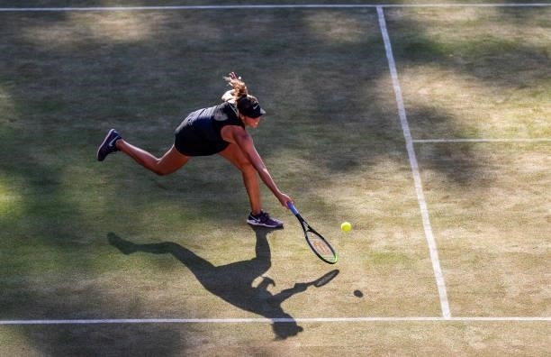 Madison Keys of the United States stretches to play a forehand against Aryna Sabalenka of Belarus in the women's singles second round match during...