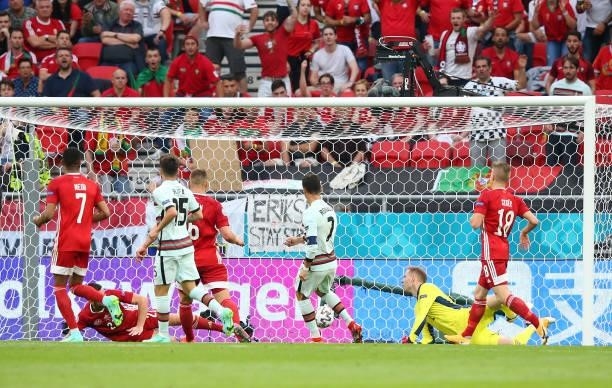 Cristiano Ronaldo of Portugal scores their third goal during the UEFA Euro 2020 Championship Group F match between Hungary and Portugal on June 15,...