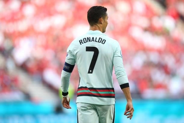 Cristiano Ronaldo of Portugal looks on during the UEFA Euro 2020 Championship Group F match between Hungary and Portugal on June 15, 2021 in...