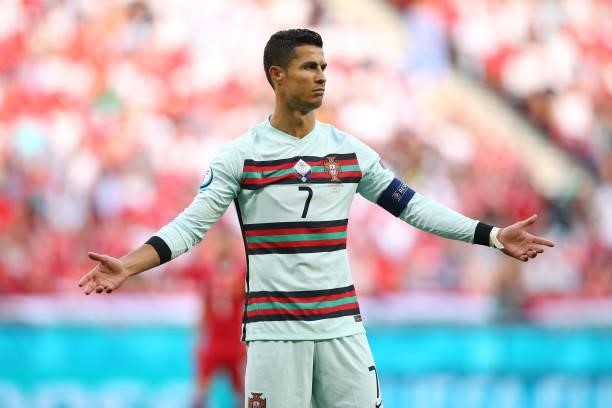 Cristiano Ronaldo of Portugal looks on during the UEFA Euro 2020 Championship Group F match between Hungary and Portugal on June 15, 2021 in...