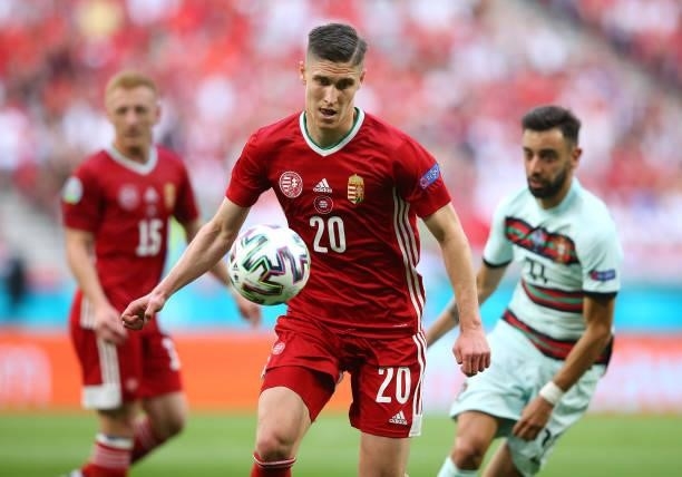Roland Sallai of Hungary controls the ball during the UEFA Euro 2020 Championship Group F match between Hungary and Portugal on June 15, 2021 in...
