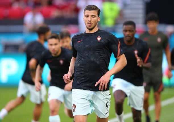 Ruben Dias of Portugal warms up prior to the UEFA Euro 2020 Championship Group F match between Hungary and Portugal on June 15, 2021 in Budapest,...