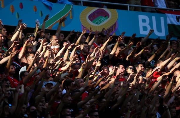 Fans of Hungary show their support during the UEFA Euro 2020 Championship Group F match between Hungary and Portugal on June 15, 2021 in Budapest,...