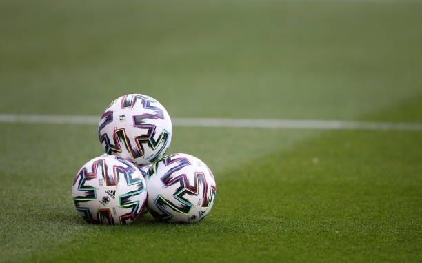 Adidas practice balls are seen prior to the UEFA Euro 2020 Championship Group F match between Hungary and Portugal on June 15, 2021 in Budapest,...