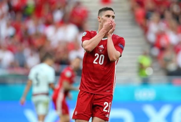 Roland Sallai of Hungary reacts during the UEFA Euro 2020 Championship Group F match between Hungary and Portugal on June 15, 2021 in Budapest,...