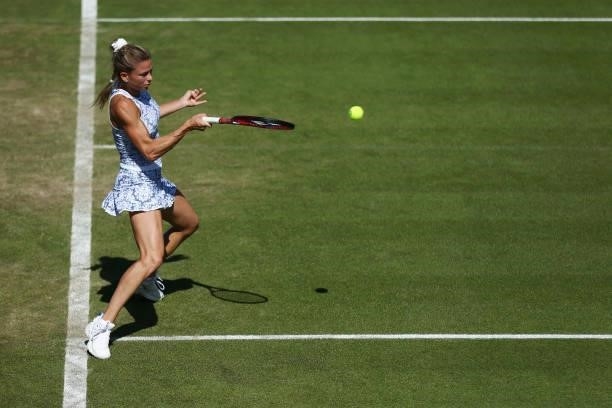 Camila Glorgi of Italy in action against Donna Vekic of Croatia during the Viking Classic Birmingham at Edgbaston Priory Club on June 16, 2021 in...