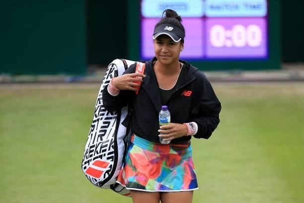Heather Watson of Great Britain walks out ahead of her match against Shuai Zhang of China during the Viking Classic Birmingham at Edgbaston Priory...
