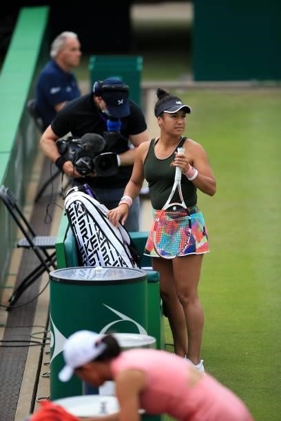 Heather Watson of Great Britain prepares ahead of her match against Shuai Zhang of China during the Viking Classic Birmingham at Edgbaston Priory...