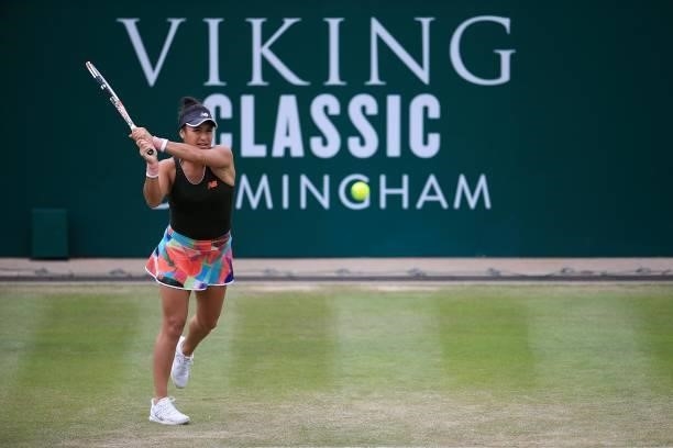 Heather Watson of Great Britain in action against Shuai Zhang of China during the Viking Classic Birmingham at Edgbaston Priory Club on June 16, 2021...