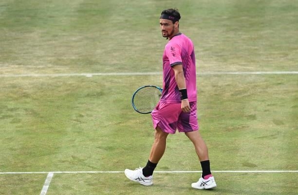 Fabio Fognini of Italy looks on during his Round of 16 match against Marin Čilić of Croatia during Day 3 of The cinch Championships at The Queen's...