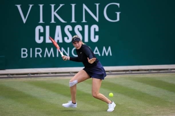 Donna Vekic of Croatia in action against Camila Giorgi of Italy during the Viking Classic Birmingham at Edgbaston Priory Club on June 16, 2021 in...