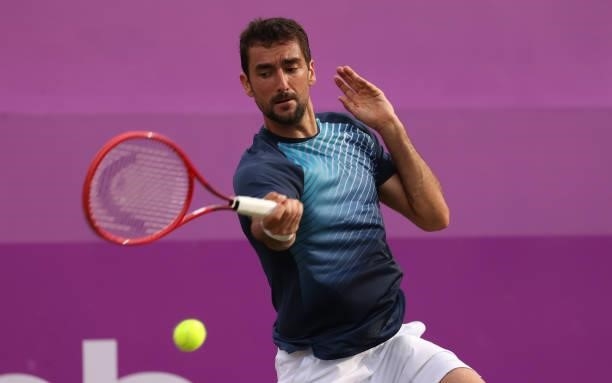 Marin Čilić of Croatia plays a forehand during his Round of 16 match against Fabio Fognini of Italy during Day 3 of The cinch Championships at The...