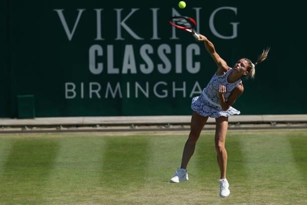 Camila Glorgi of Italy in action against Donna Vekic of Croatia during the Viking Classic Birmingham at Edgbaston Priory Club on June 16, 2021 in...